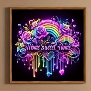 11.8x11.8 Home Sweet Home DIY Diamond Art Kit. Vibrant Floral & Rainbow